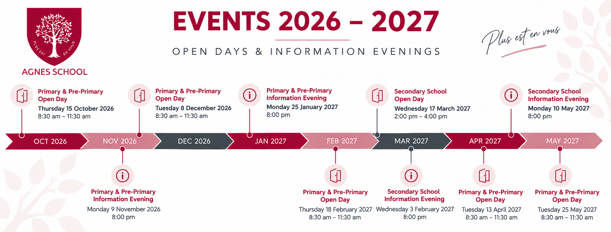 Agnes School 2026-2027 Open Days calendar