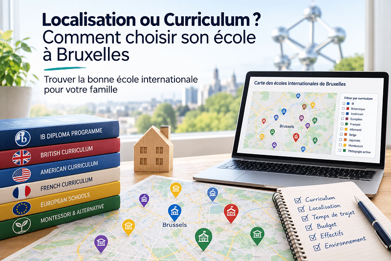 Carte interactive des écoles internationales de Bruxelles affichée sur un ordinateur portable, filtrable par curriculum