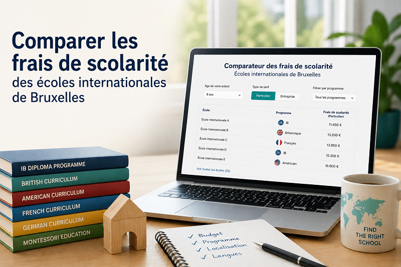Comparateur des frais de scolarité des écoles internationales de Bruxelles affiché sur un ordinateur portable, entouré de livres de programmes scolaires (IB, britannique, américain, français, allemand, Montessori)