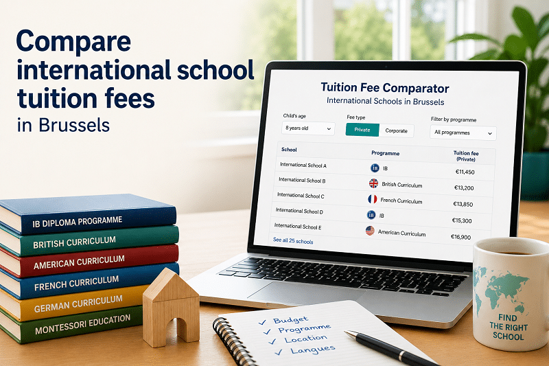 Tuition fees comparison tool for Brussels international schools shown on a laptop, surrounded by curriculum books (IB, British, American, French, German, Montessori)
